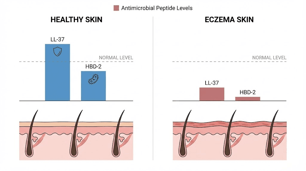 Antimicrobial peptide deficiency in eczema compared to healthy skin