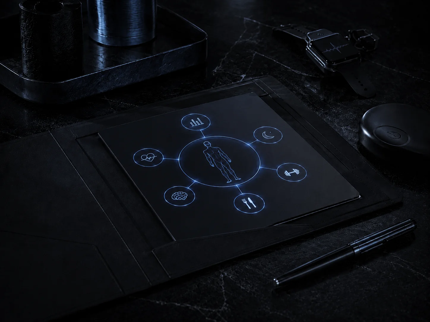 Dark tablet displaying a circular control interface