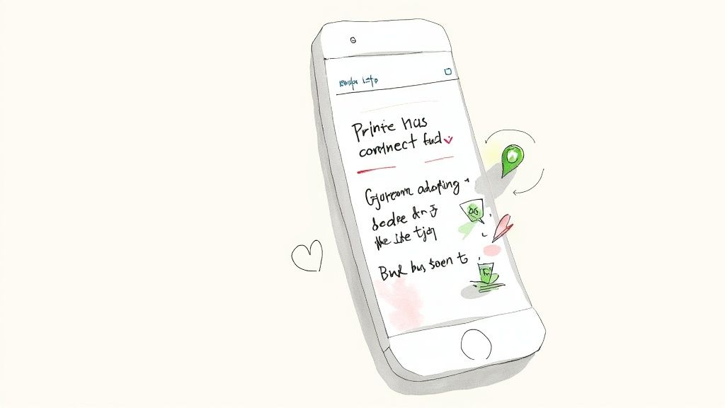 A hand-drawn sketch of a smartphone displaying a handwritten list and surrounding icons.