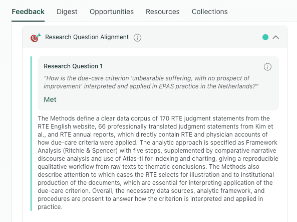 thesify feedback showing a qualitative research question meeting alignment criteria without the use of a hypothesis.