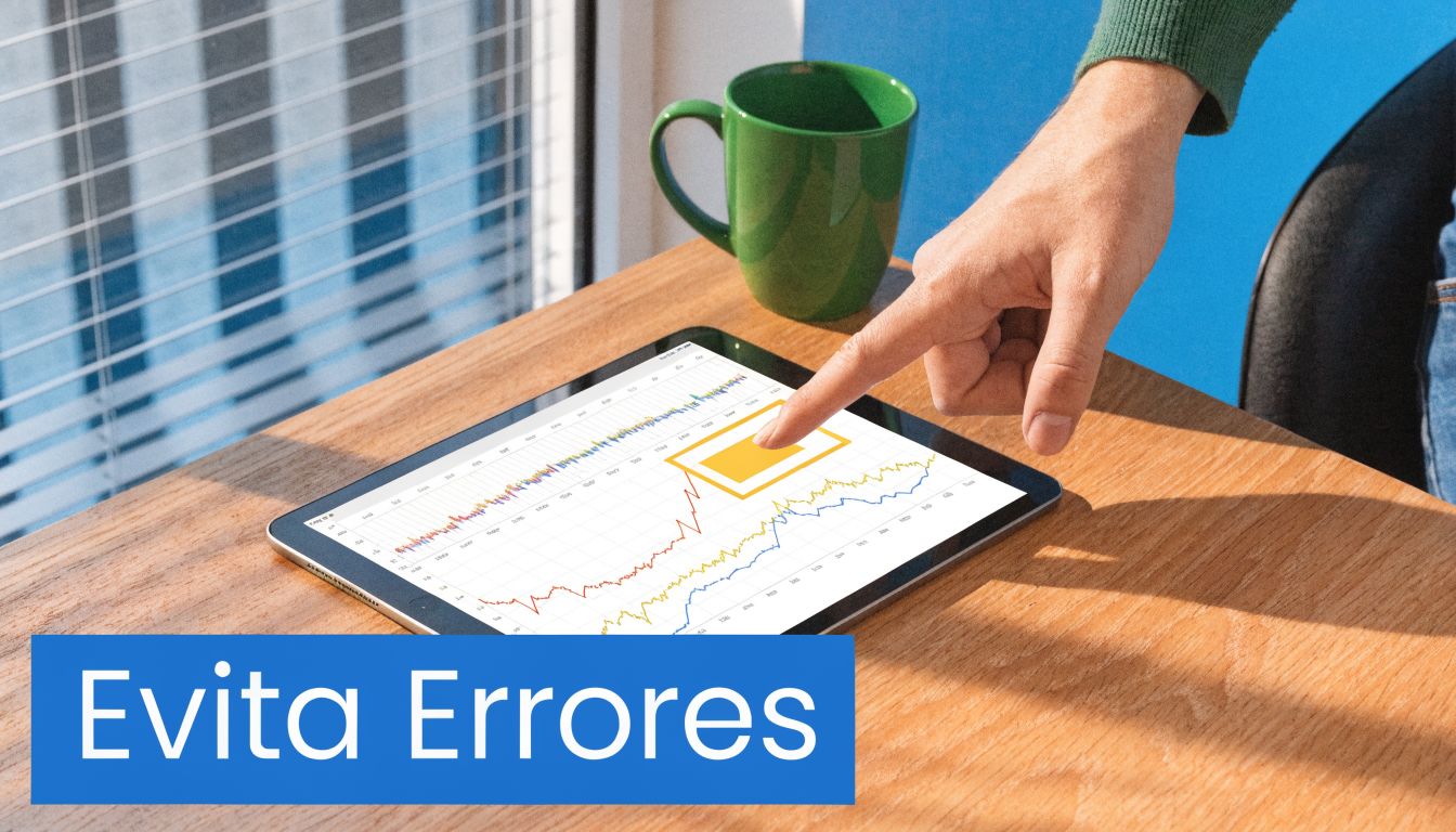 Una mano señala un gráfico de tendencias financieras en una tablet colocada sobre un escritorio de madera.