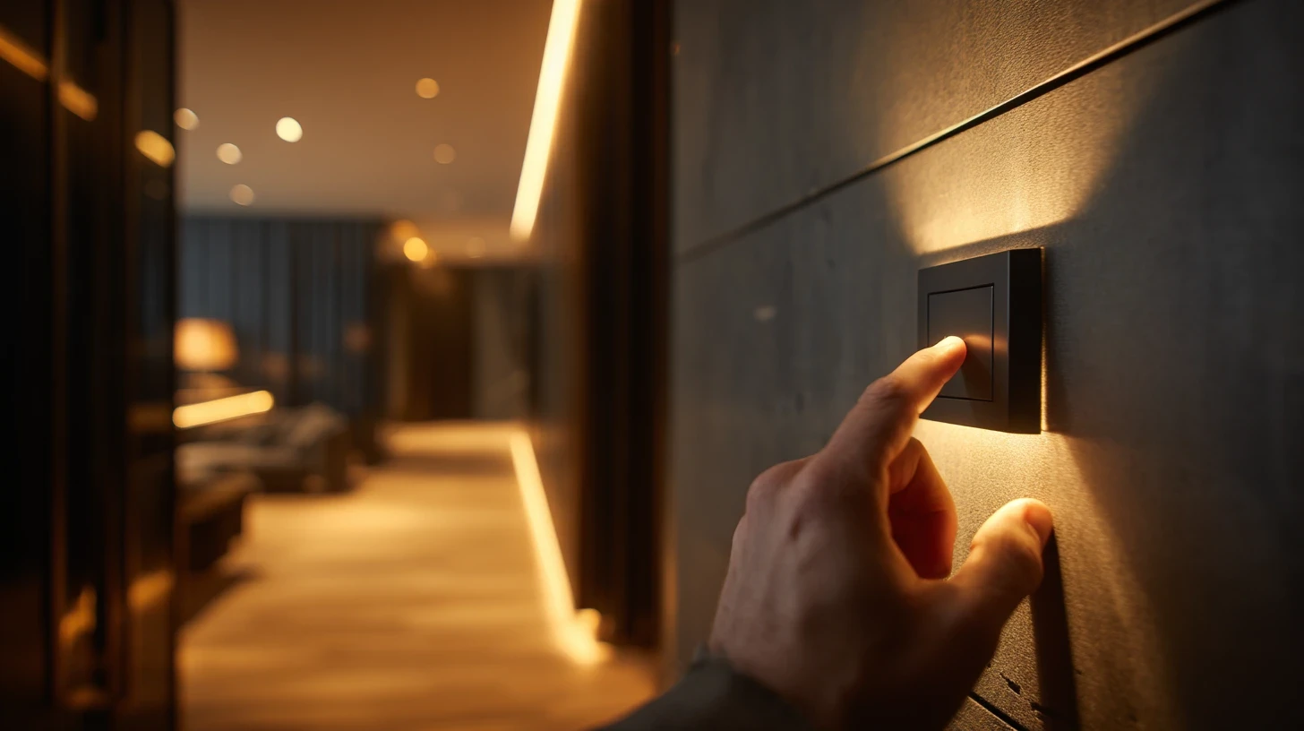 Installation électrique moderne avec rubans LED et pilotage intelligent pour un intérieur élégant et sécurisé.