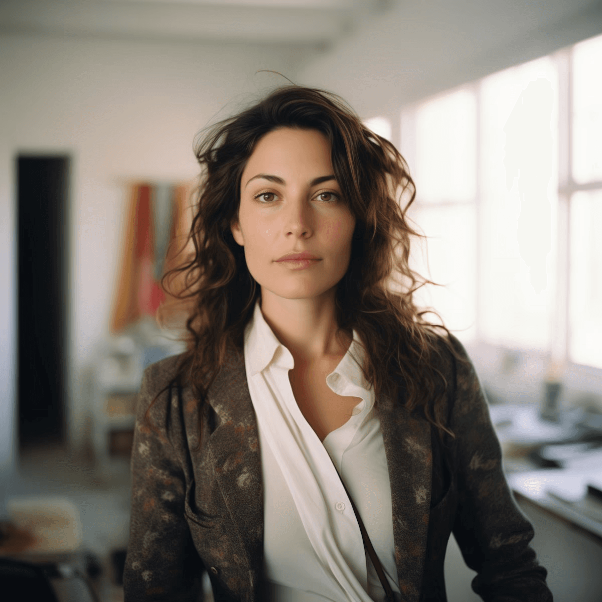 A woman with long wavy hair stands confidently in a bright office, wearing a white shirt and patterned blazer. The setting conveys professionalism.