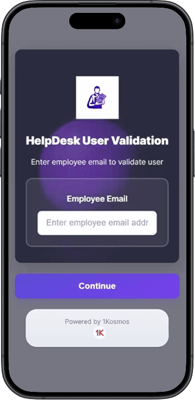 Login screen on a mobile app with fields for email and password, featuring a dark background and purple accents.