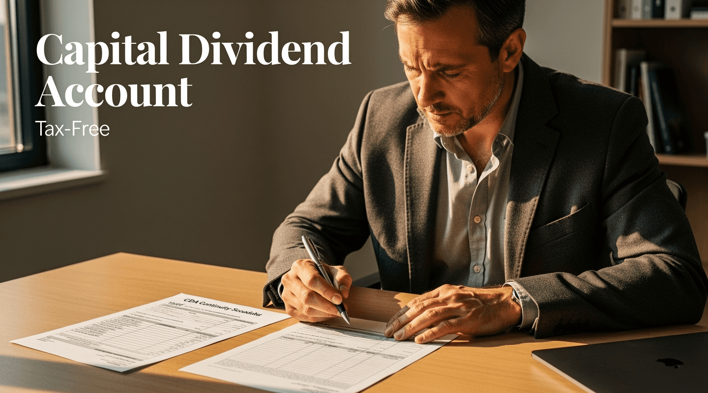 A Canadian CPA reviewing a CDA continuity schedule beside a printed Form T2054 election to designate a dividend as a capital dividend