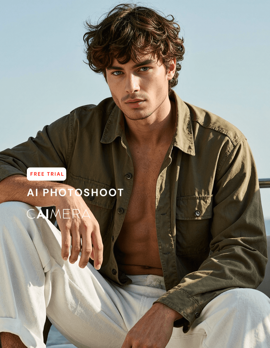 Person in unbuttoned olive utility shirt and white pants against blue sky background, showcasing relaxed summer fashion style