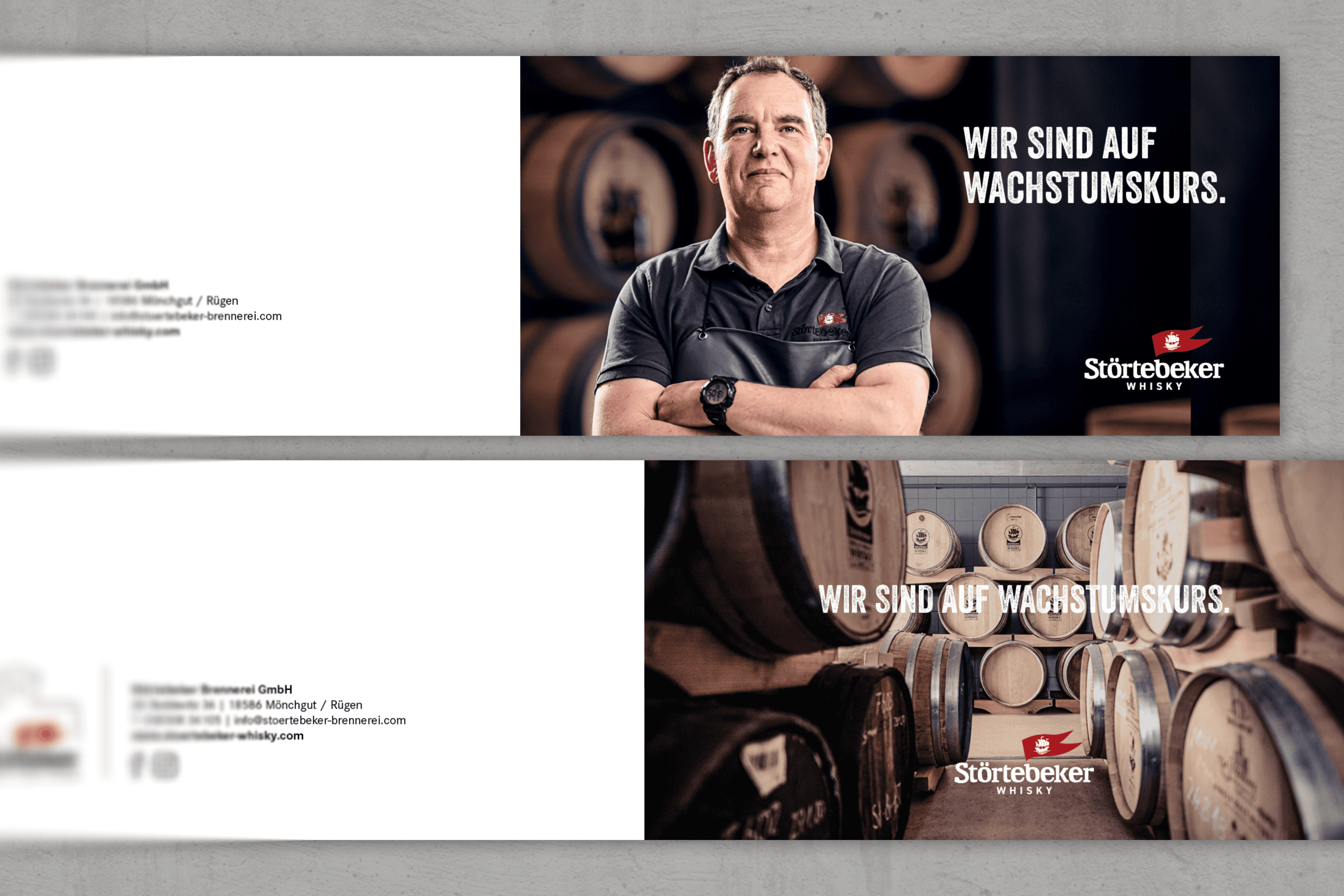 Man and whisky barrels with text "WIR SIND AUF WACHSTUMSKURS."