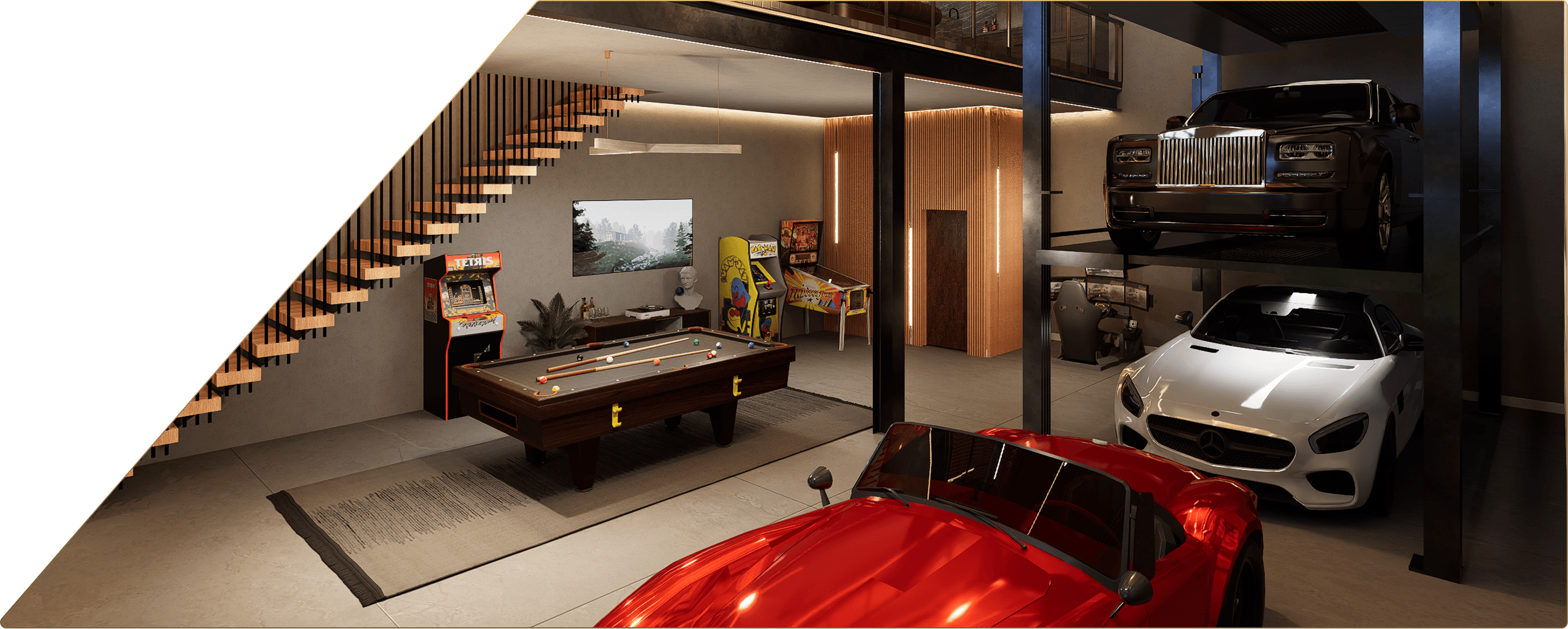 Interior rendering of a private garge condo with cars and social area pool table, games, mezzanine and bathroom