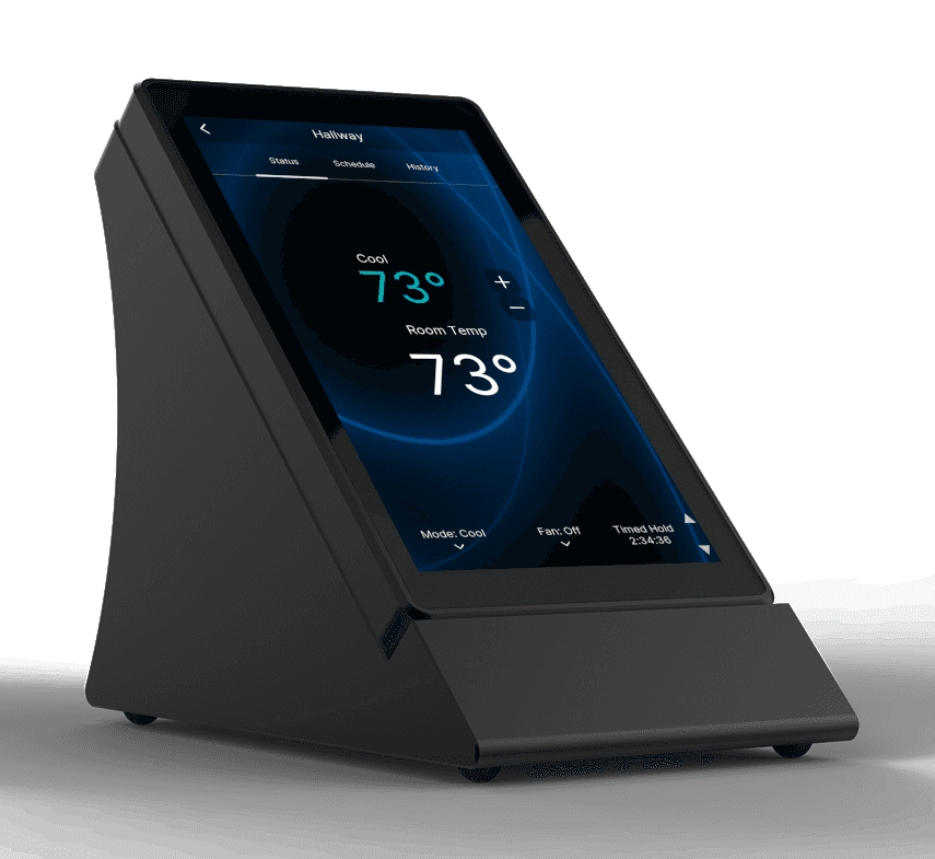 Thermostat display showing 73 degrees and cooling mode