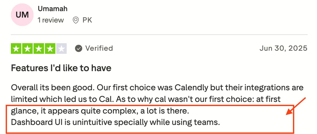 Trustpilot review mentioning Cal.com platform complexity