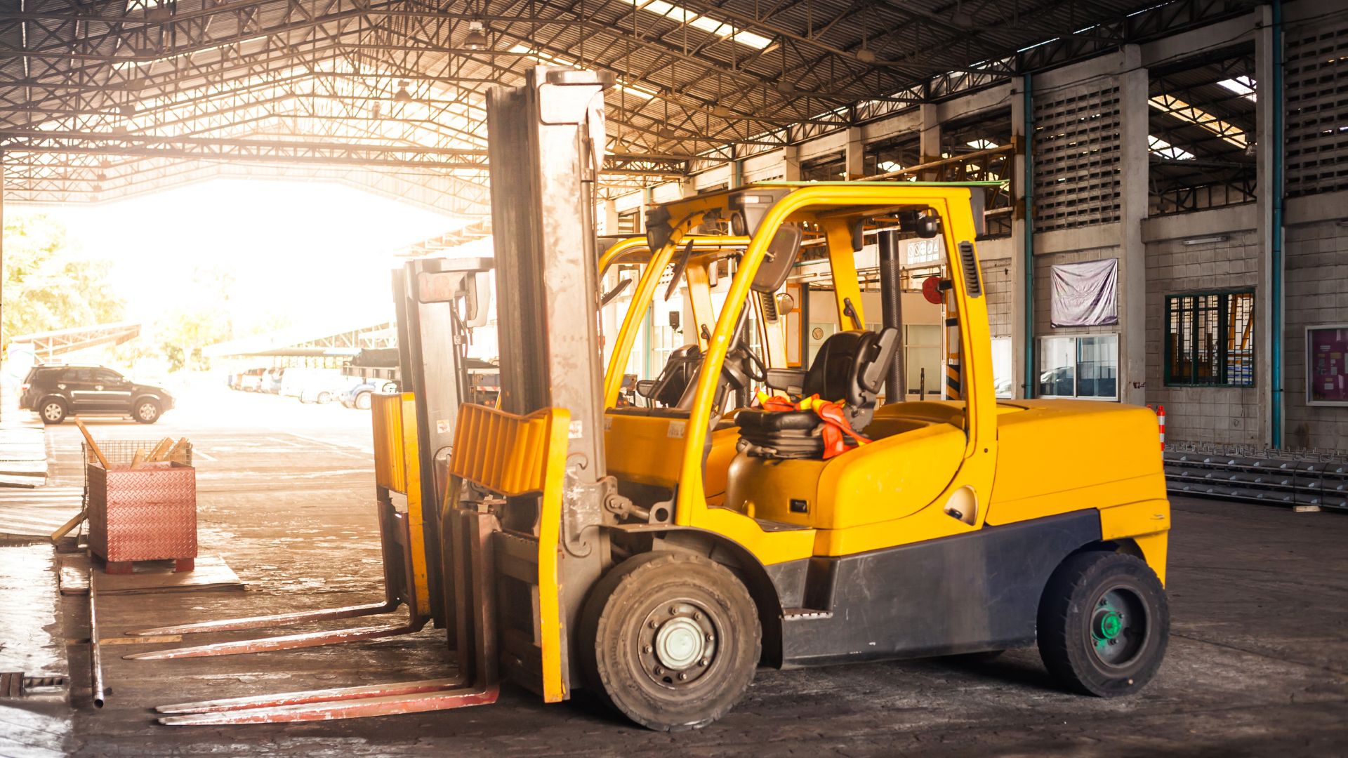 Yellow forklift in a warehouse with sunlight streaming through the entrance