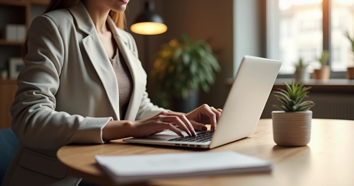 Pessoa digitando em laptop em sala iluminada
