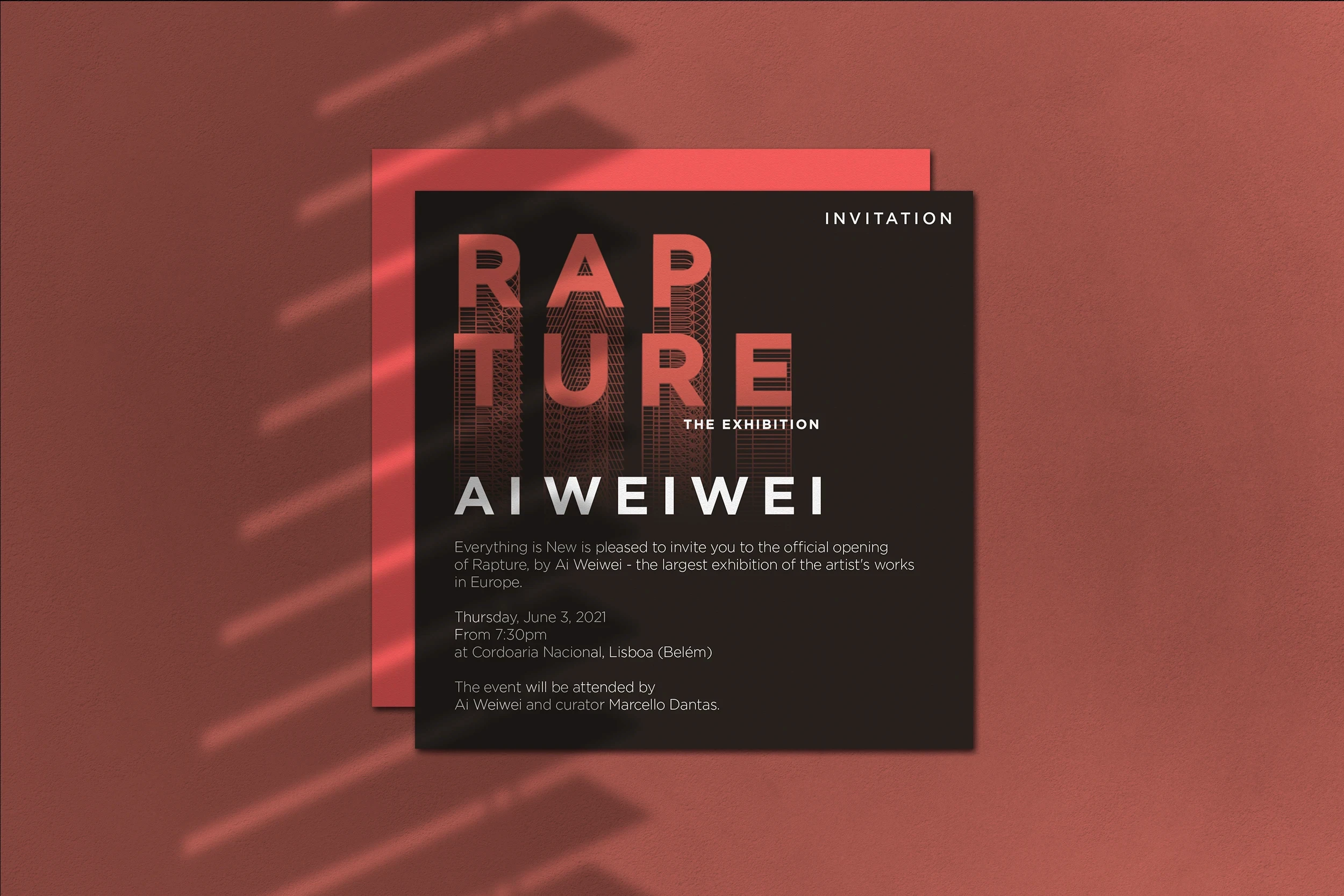 Invitation design for “Rapture – The Exhibition” by Ai Weiwei at Cordoaria Nacional, Lisbon featuring bold exhibition branding and contemporary typography.