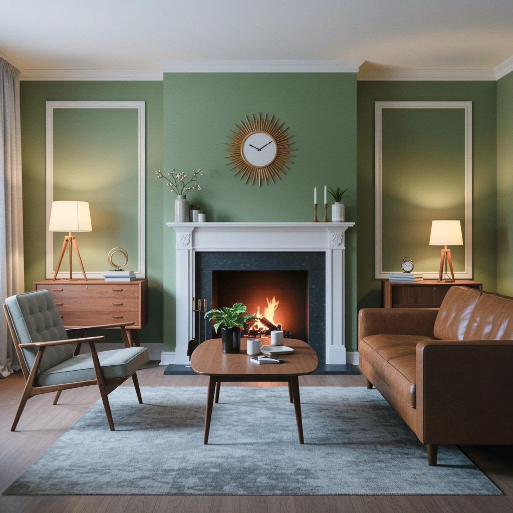 Mid-century modern living room with olive green walls and tan leather sofa
