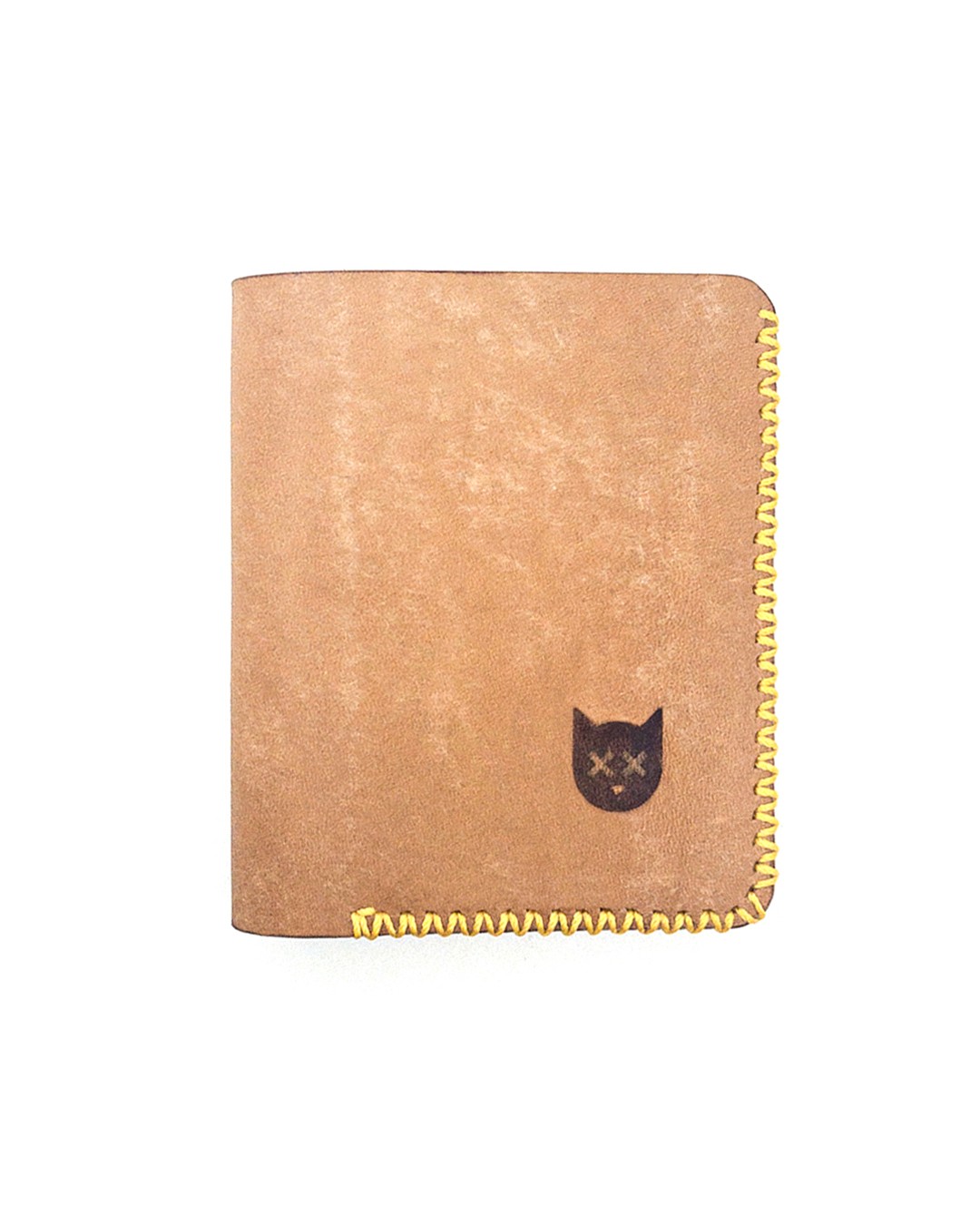 Crosstitch Leather handmade tan wallet with yellow cross-stitch edge and embossed cat emblem.