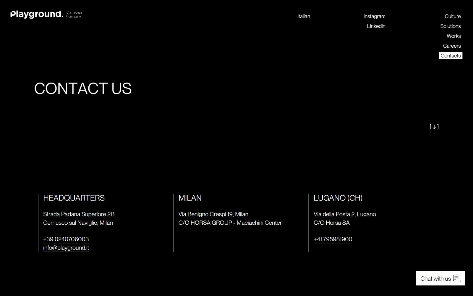 Black background with "Contact Us" text. Three sections for offices: Headquarters, Milan, Lugano, with addresses and contact details.