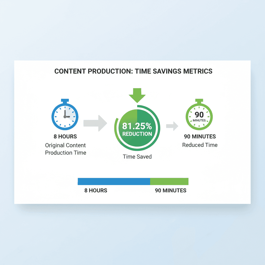 Time savings comparison showing content production reduced from 8 hours to 90 minutes with SEO automation