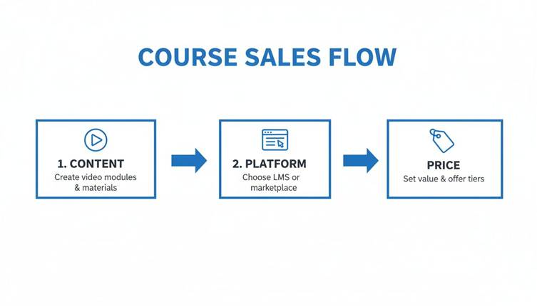 A clear diagram illustrating the three-step course sales flow: Content, Platform, and Price strategy.