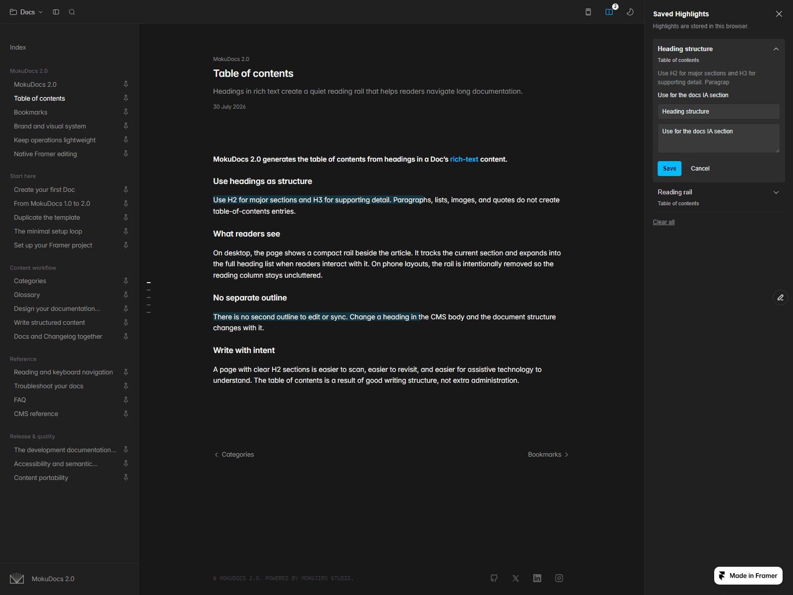 The saved highlights panel in dark theme with one highlight's accordion expanded in editing state: the quoted passage, title and note fields, and save and cancel controls