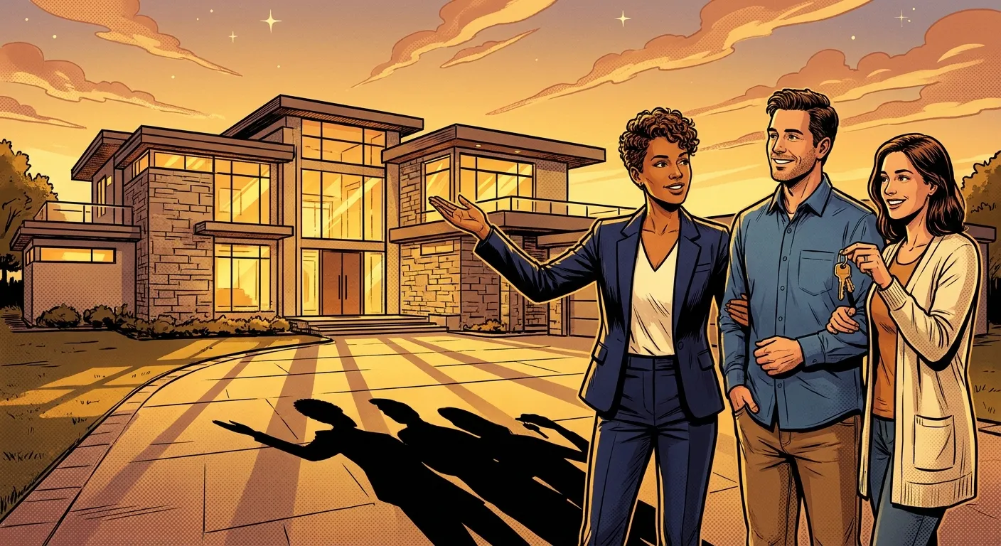 Couple with keys in front of modern house, smiling, at sunset. RockN' Socials.