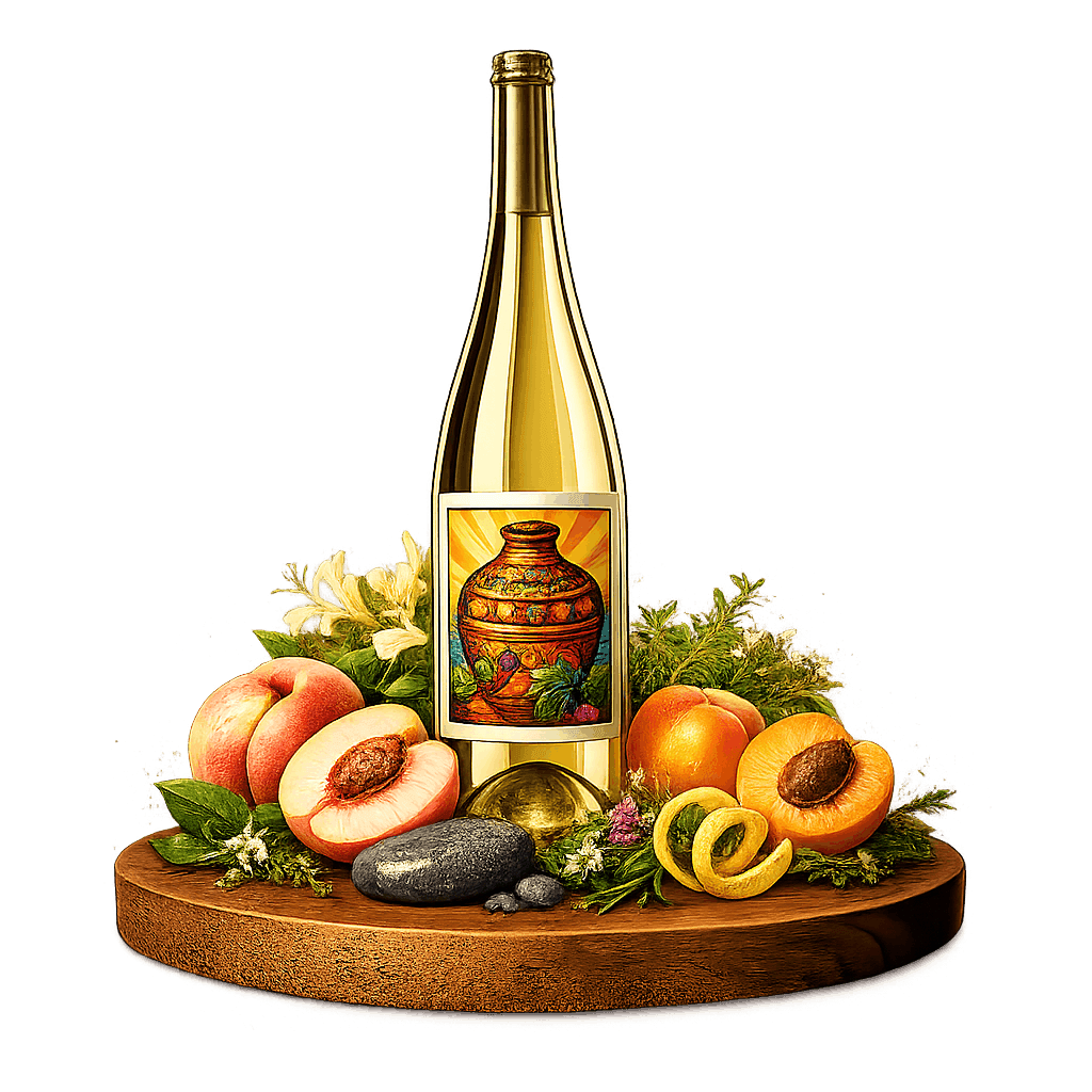 Artistic label and flavor profile for Georgian Mtsvane on a rustic wooden table.