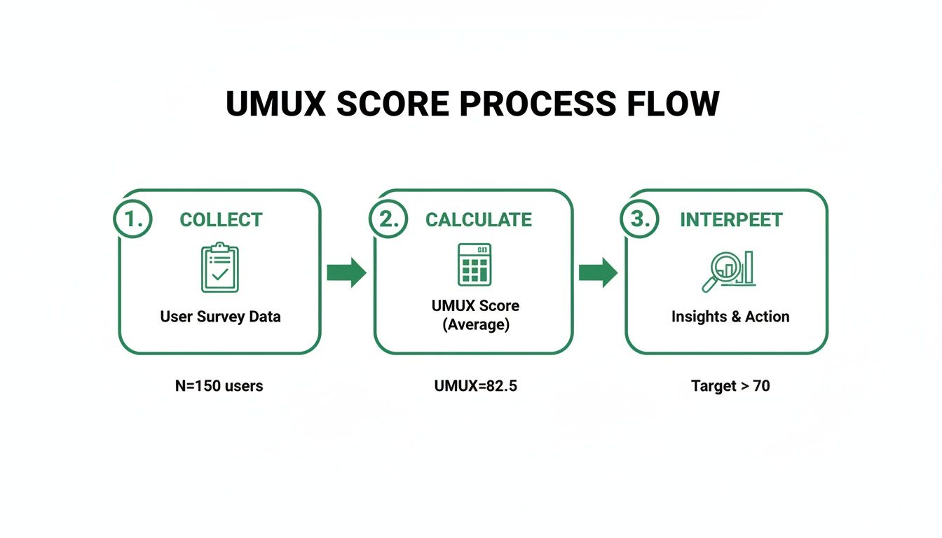 A three-step UMUX score process flow: Collect user data, calculate average score, then interpret insights.
