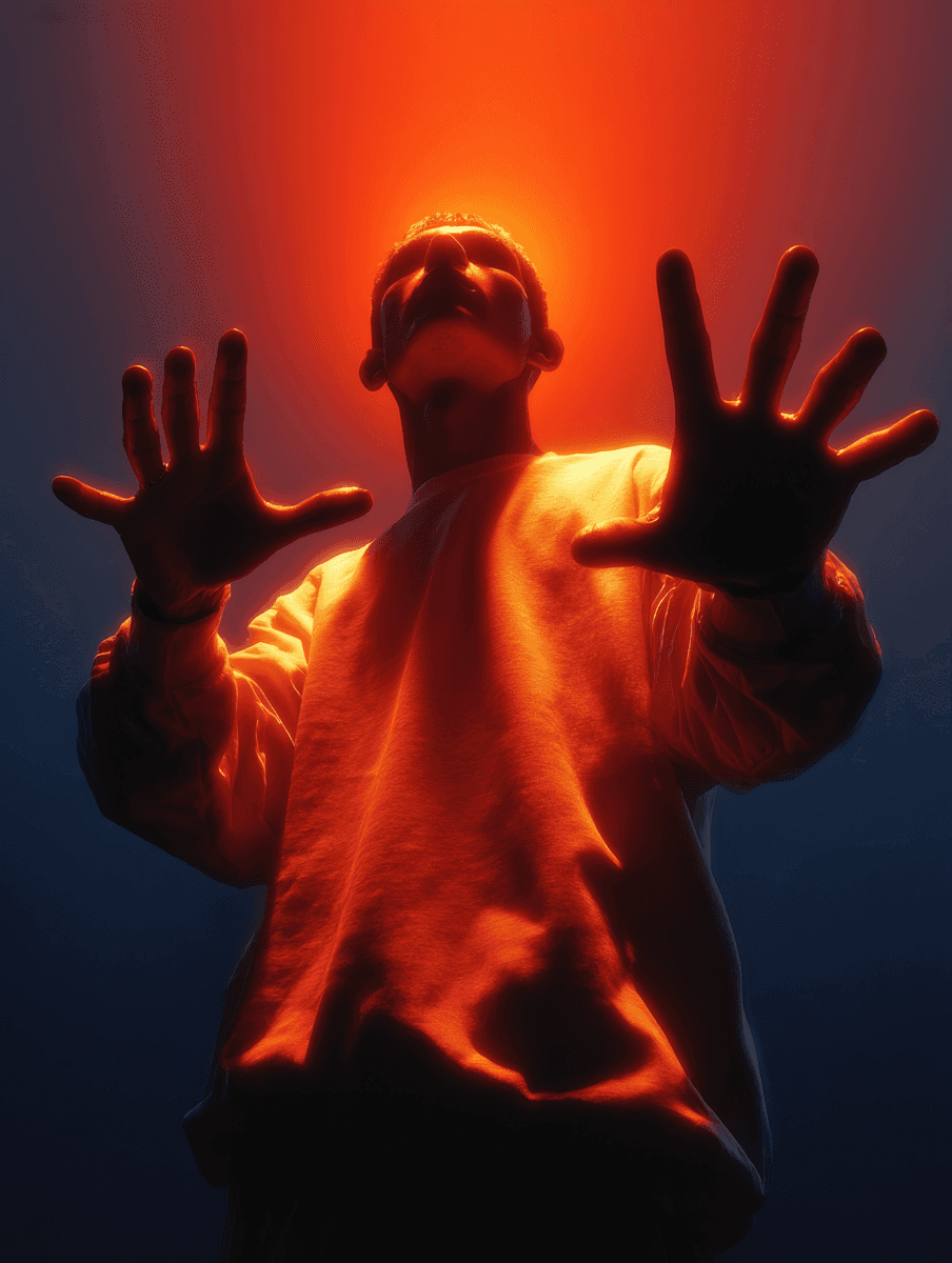 a man inside a room with orange lighting