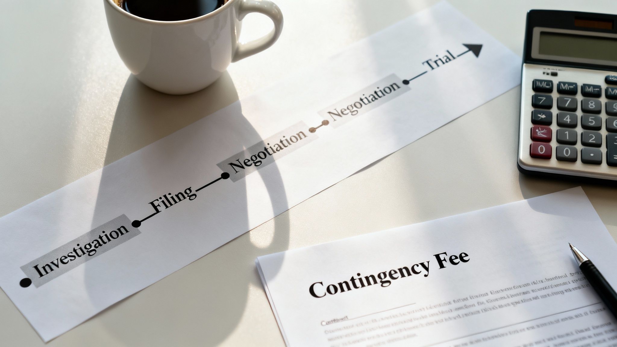 A legal process timeline from investigation to trial, with a contingency fee document, coffee, calculator, and pen.