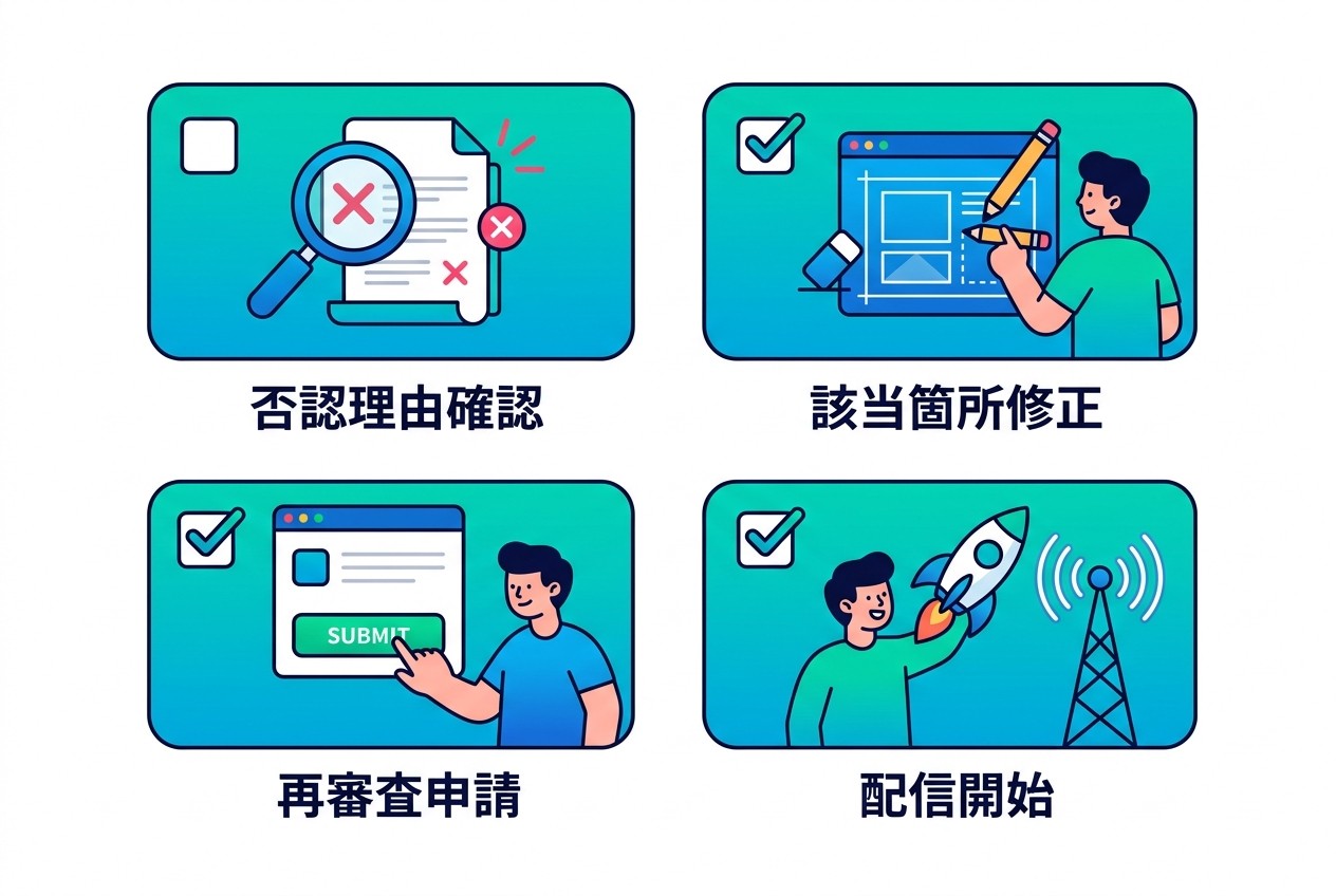 審査落ち対応の4ステップ。否認理由の正確な把握から始まり、該当箇所の具体的修正、適切なタイミングでの再審査申請を経て配信開始に至る。各段階で見落としがあると成功率が大幅に低下する。
