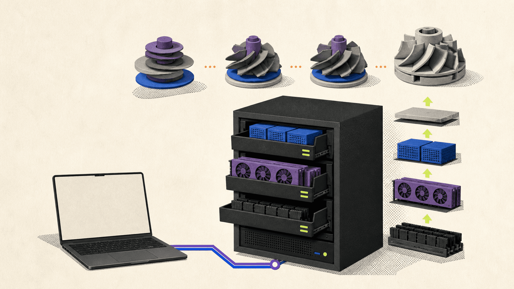 Lightweight laptop controlling a scalable remote workstation with modular CPU, GPU, memory, and storage resources.