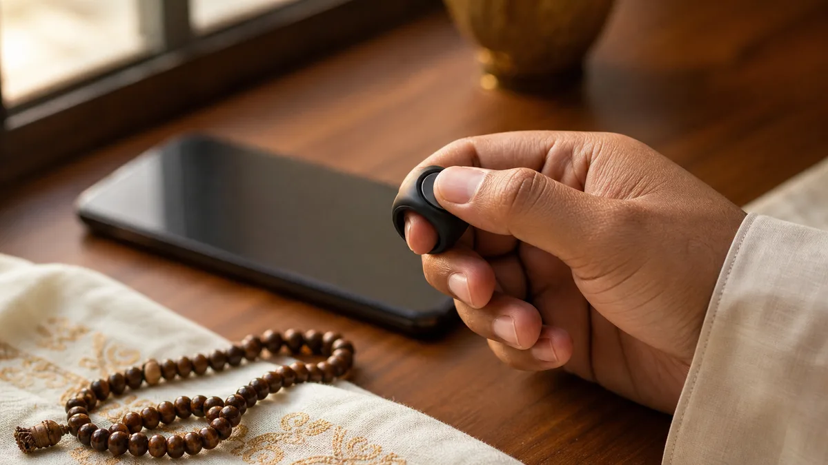 Thumb pressing a smart tasbih ring while an inactive phone rests blurred in the background