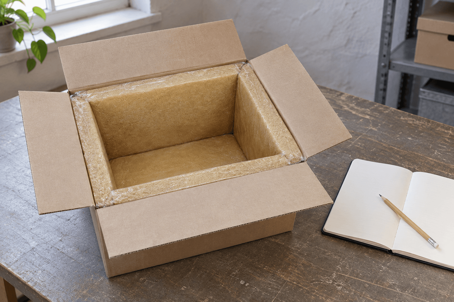 Illustrative Szene: offene Waldbox und Notizbuch auf einem Arbeitstisch