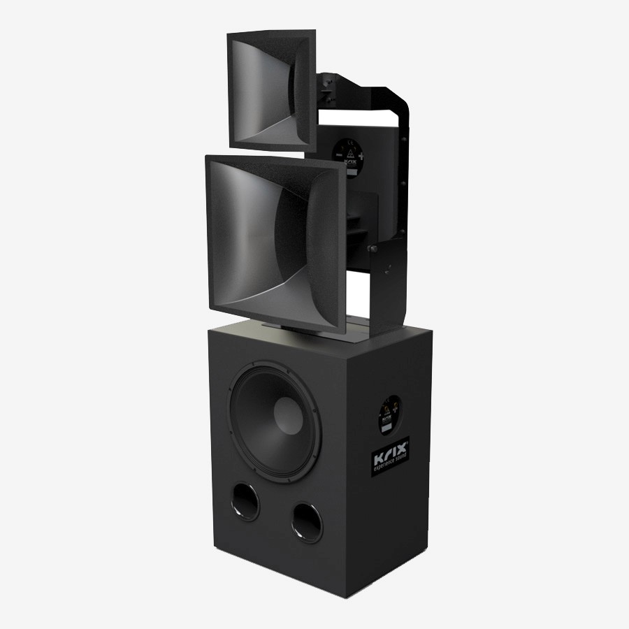 Black speaker system with two horns on top of a sub