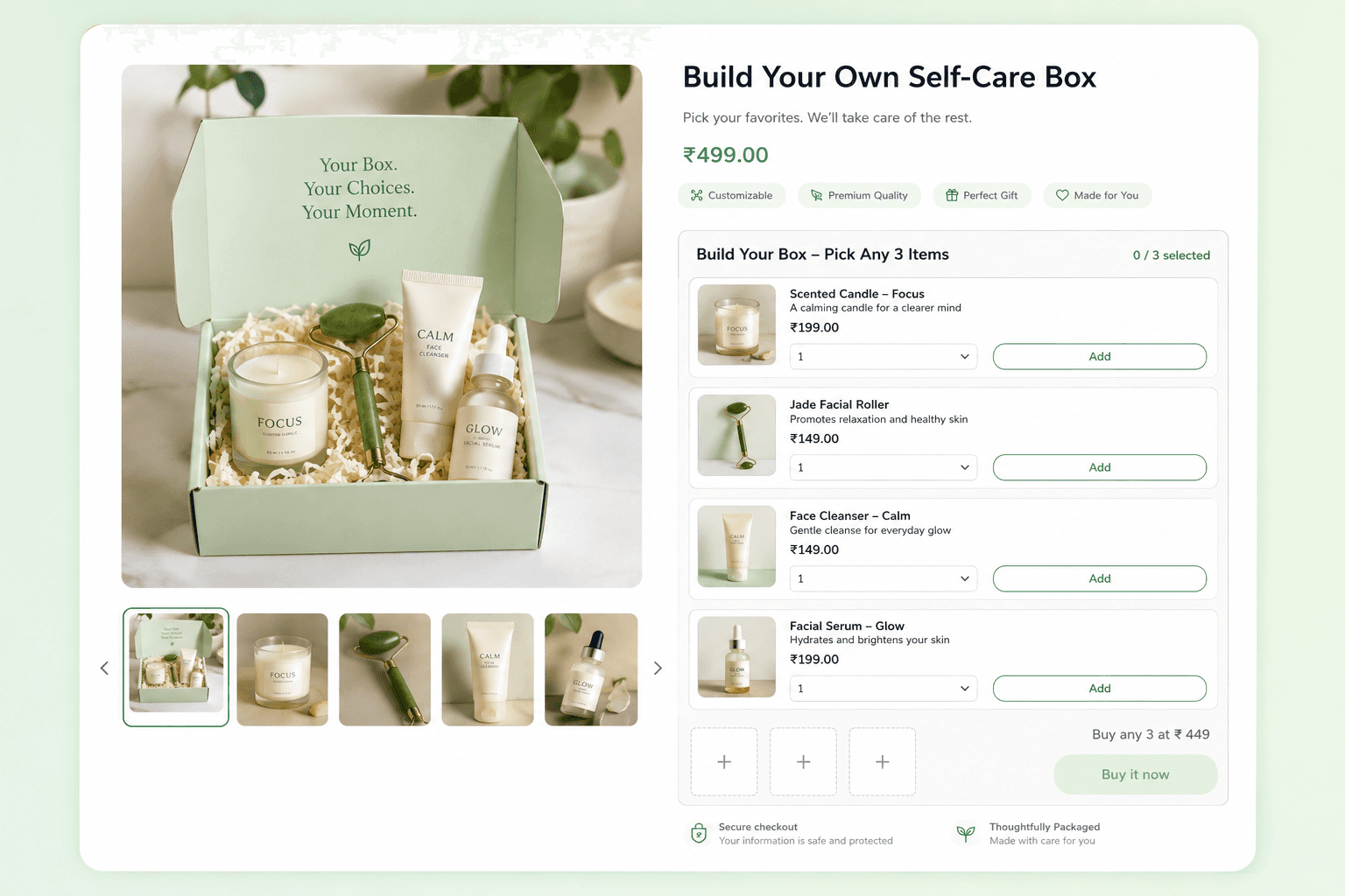 Build Your Box widget on a Shopify product page with four selected items in the selection bar