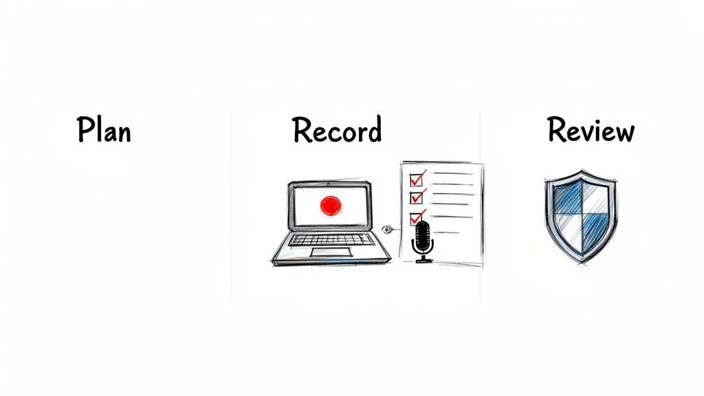 A visual guide showing three steps: Plan, Record with a laptop and microphone, and Review with a shield.