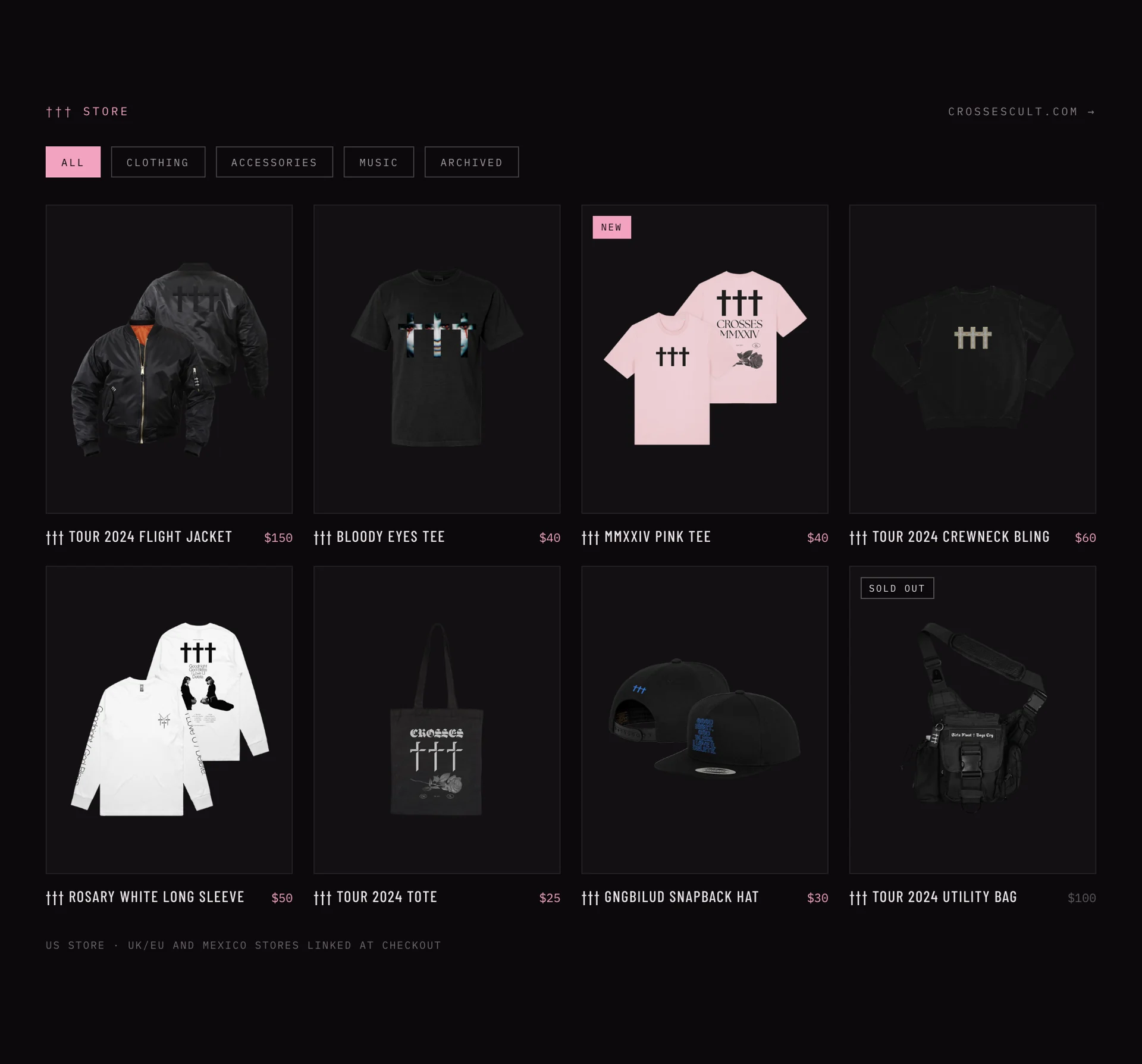 Crosses merchandise collection with clothing and accessories, accented in pink