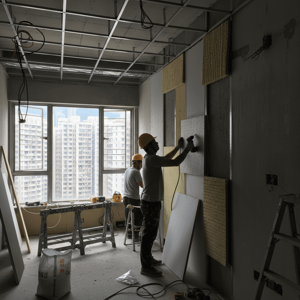 牆身隔音棉加隔音板同假天花施工示意圖