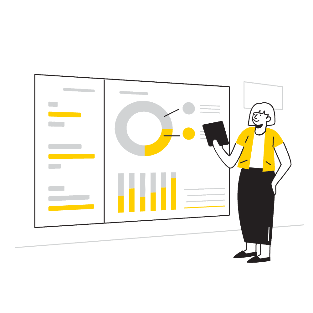 Illustration d’une analyste CRM présentant des tableaux de bord et indicateurs de performance HubSpot