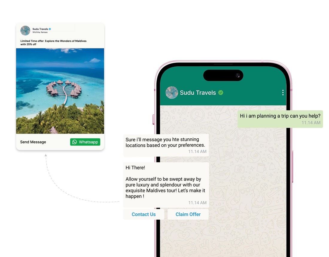 Smartphone displaying a WhatsApp chat with Sudu Travels, offering a 25% off Maldives tour package, featuring a scenic Maldives resort image and text promoting a luxurious travel experience with options