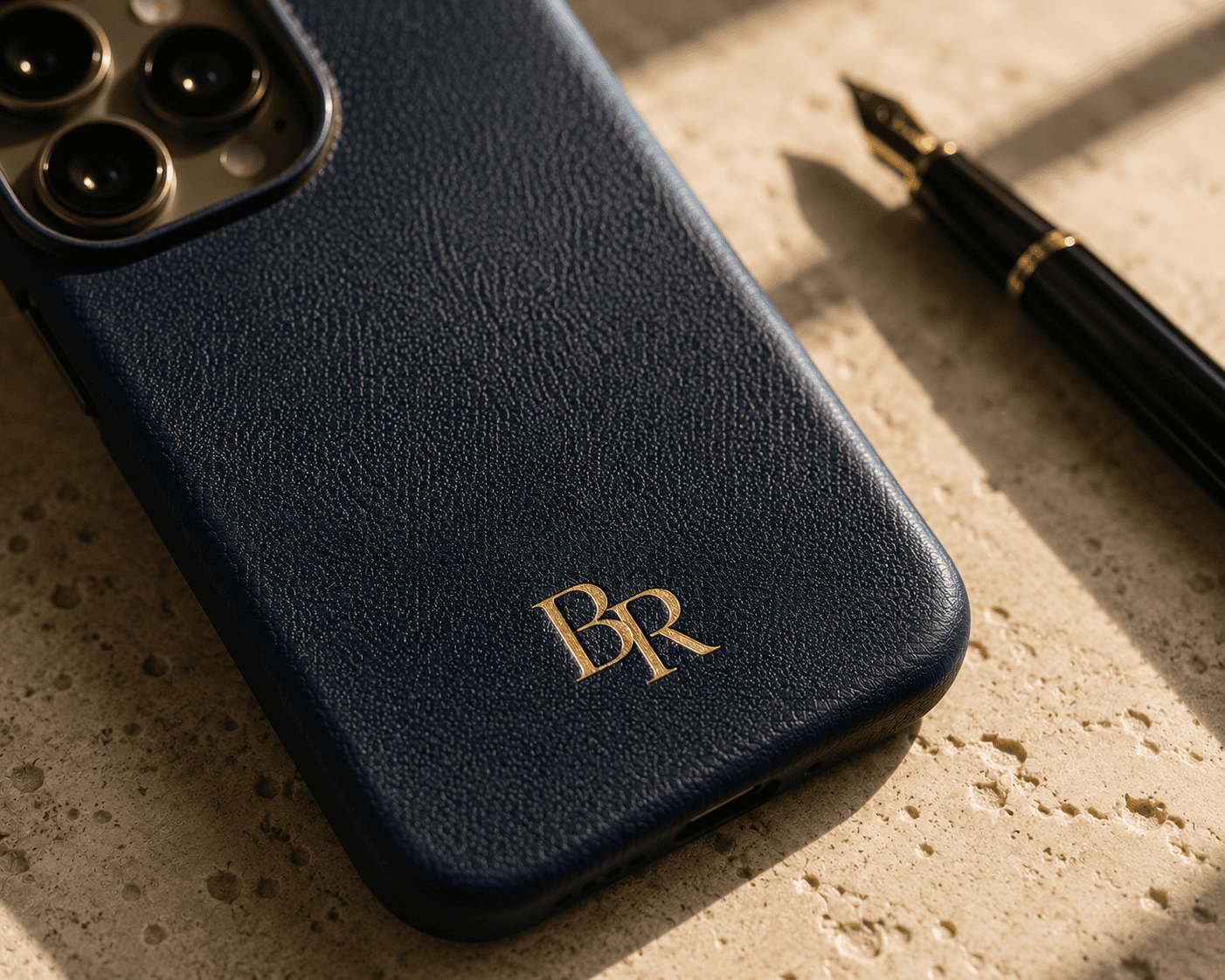 A close-up, angled shot of a luxury iPhone case made from pebble-grained navy blue leather. The bottom center of the case features an elegant, embossed gold foil monogram reading "BR". The phone's multi-lens camera module is partially visible in the top left corner. In the blurred background, a black and gold fountain pen rests on a warm, textured stone surface bathed in natural sunlight.