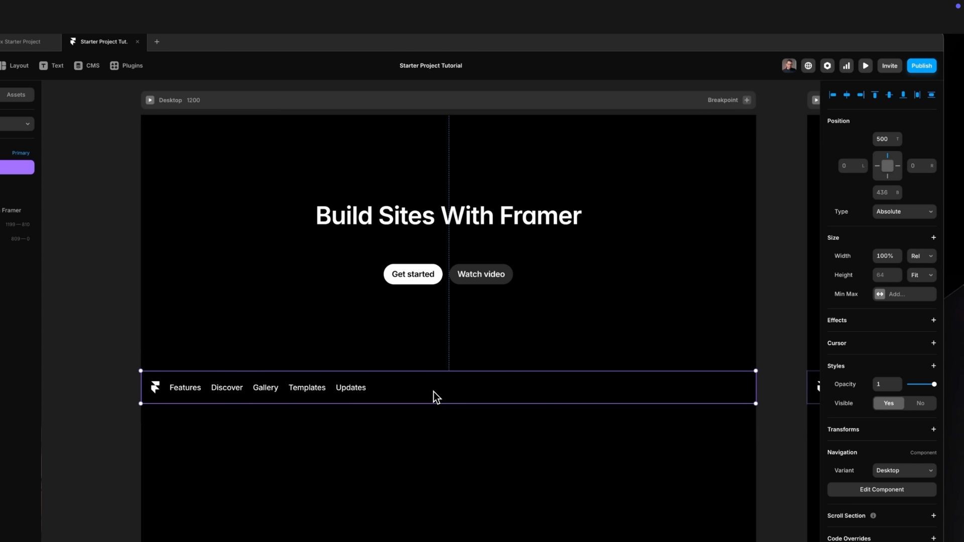 Web design editor showing a preview of a webpage titled 'Build Sites With Framer' with buttons for 'Get started' and 'Watch video'