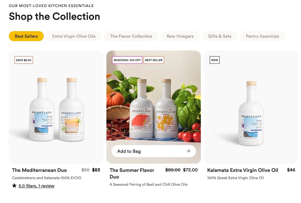 Brightland shop collection page with pill navigation and clean product cards