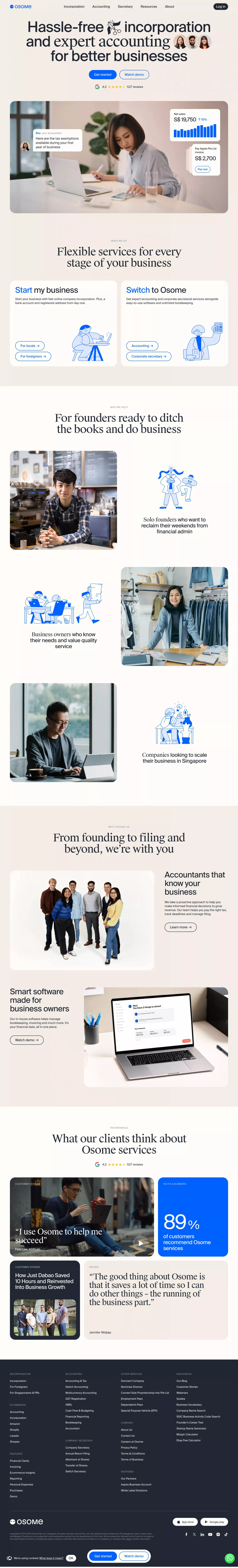 Osome Hassle-Free Incorporation and Acco landing page screenshot showcasing Finance design