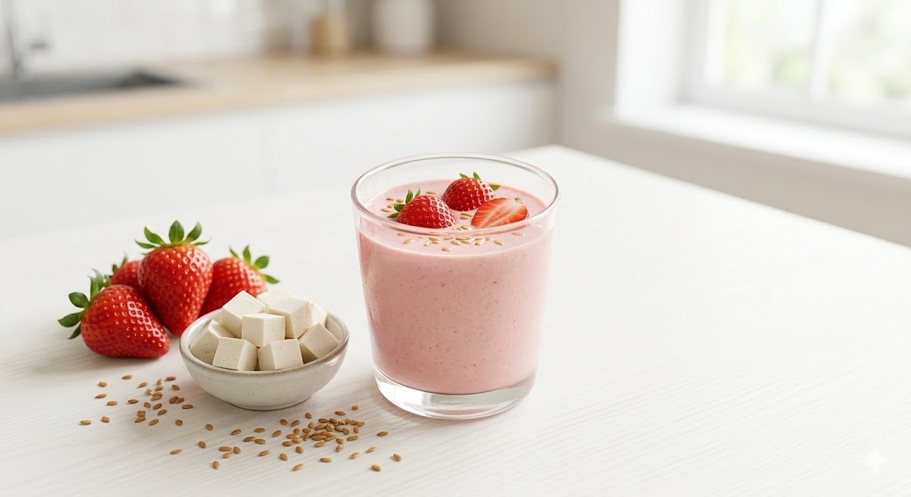 A smooth pastel pink strawberry smoothie in a clean glass, topped with fresh strawberries and flax seeds. The glass is set on a white table in a minimalist bright setting with tofu cubes and strawberries nearby, captured in soft daylight for a fresh and creamy look.