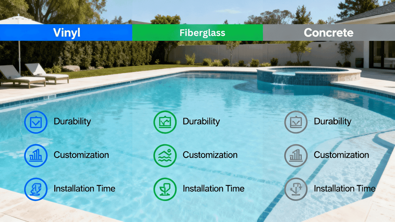Comparison chart of vinyl, fiberglass, and concrete inground pools with cost ranges