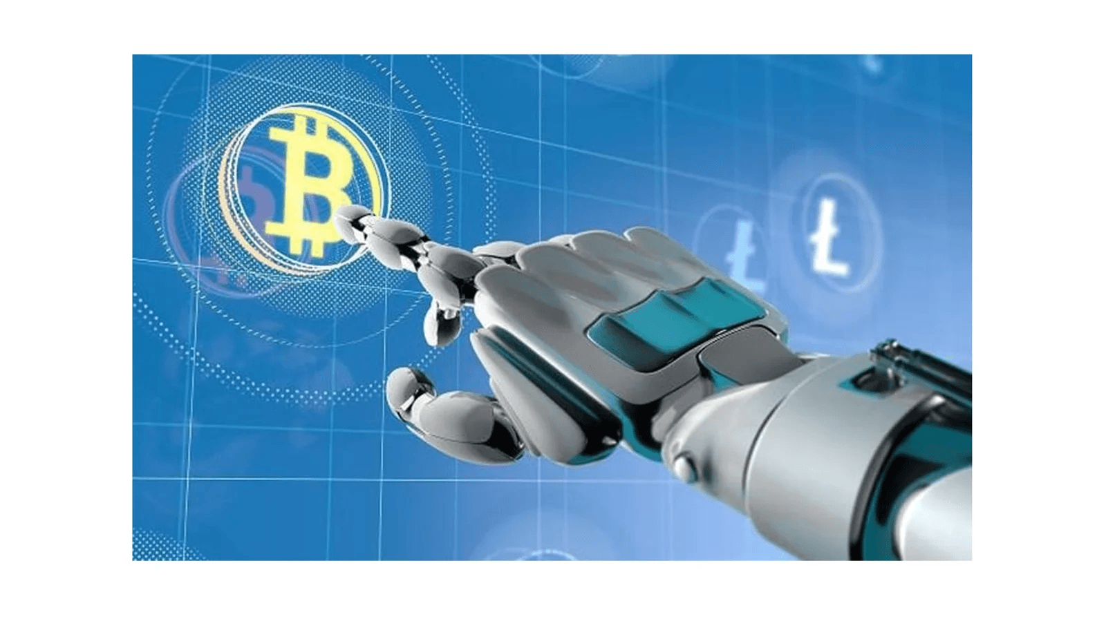 Robot hand pointing at Bitcoin logo - Best AI Crypto Trading Bots 