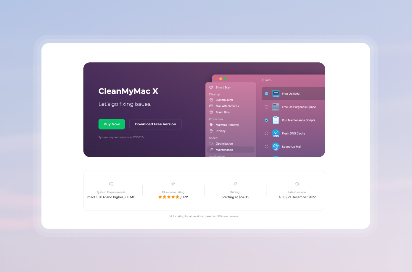 CleanMyMac website UI and layout details