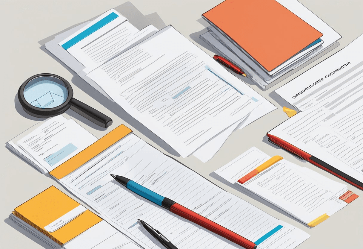 A stack of cover letters on a desk, with a red pen marking corrections. A laptop open to a job posting, with a list of key qualifications highlighted. A professional-looking letterhead and envelope ready to be sent