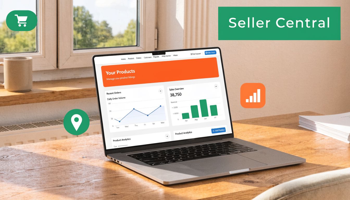 A modern laptop displaying a Seller Central dashboard on a wooden desk near a sunlit window.
