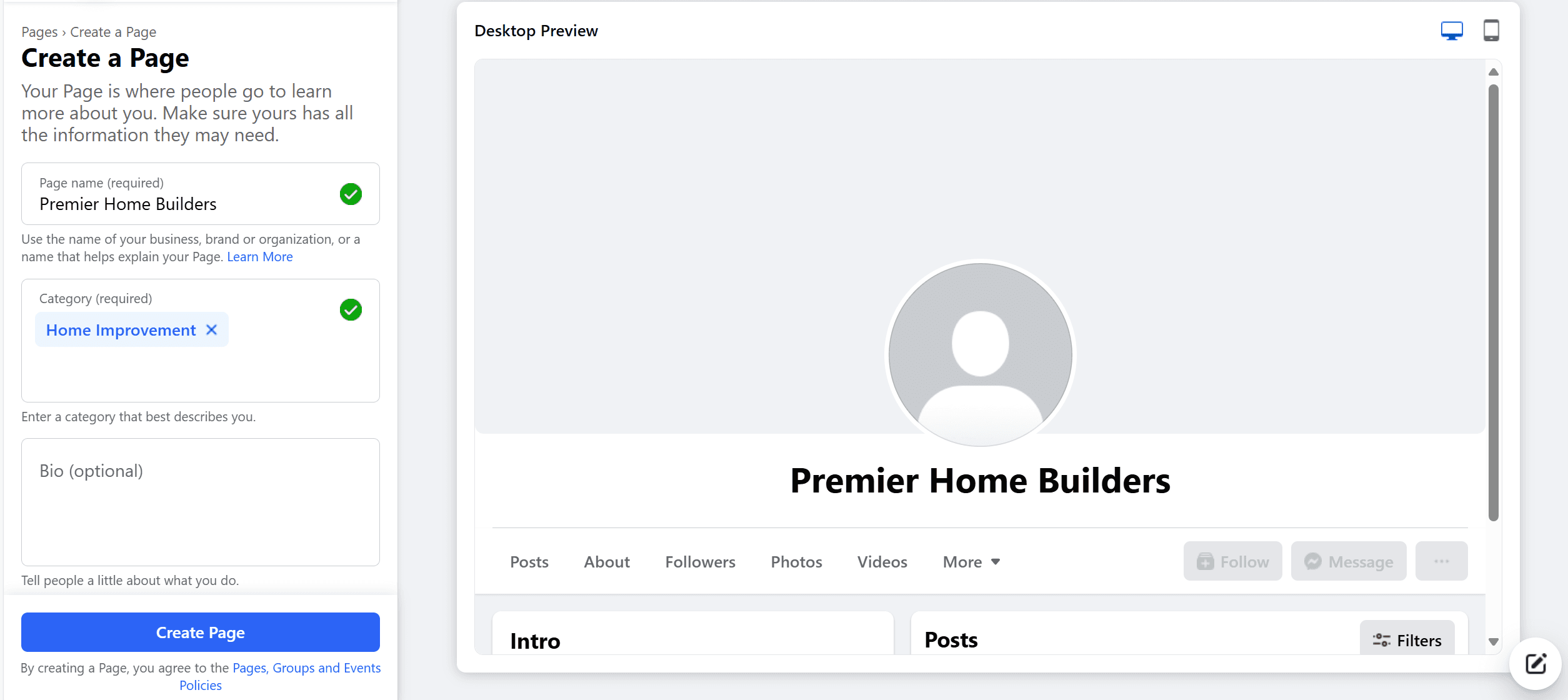 creating a facebook page: choose a page name and category